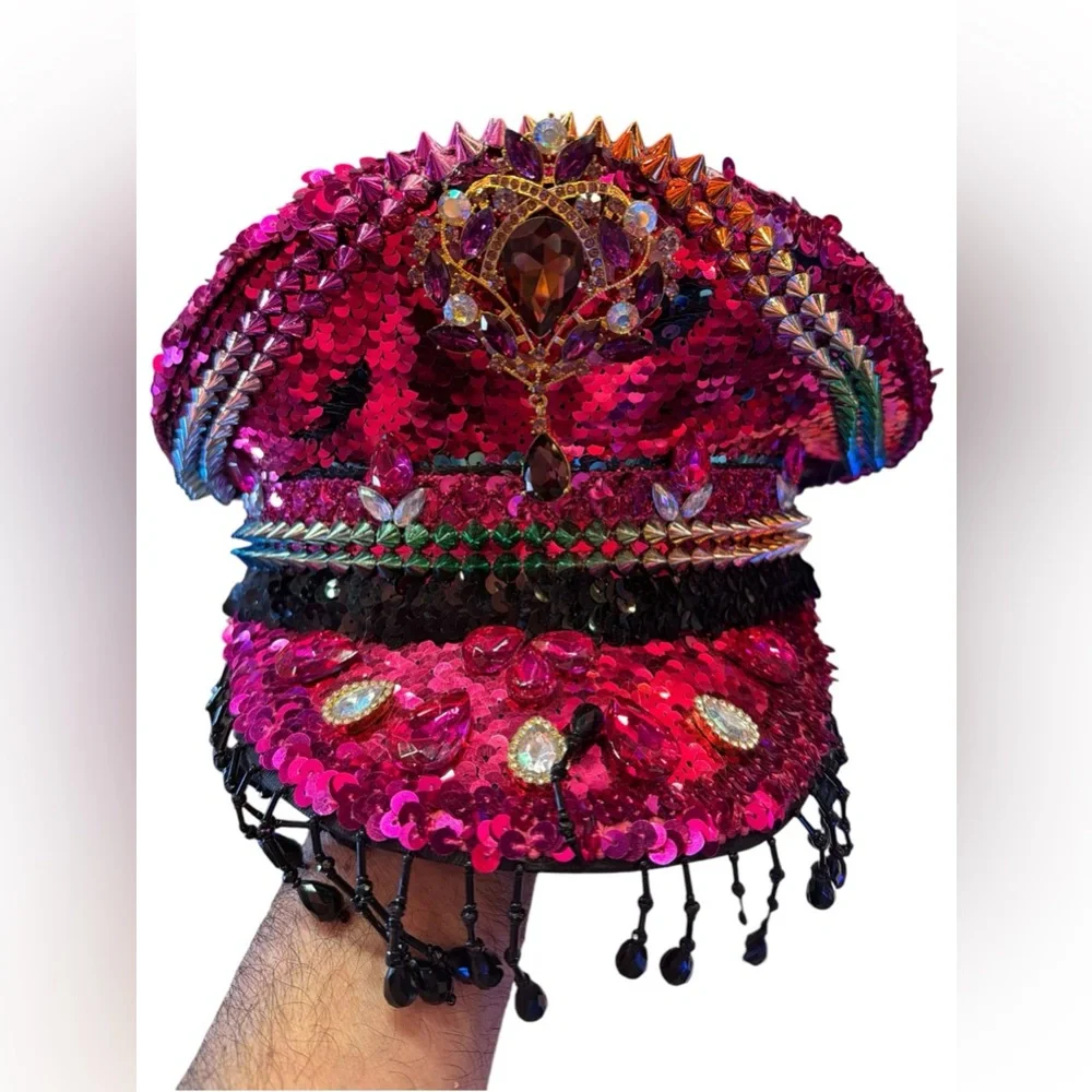 Nu Shuz Fuchsia Sequin Black Jeweled Fringe Statement Captain Festival Hat
